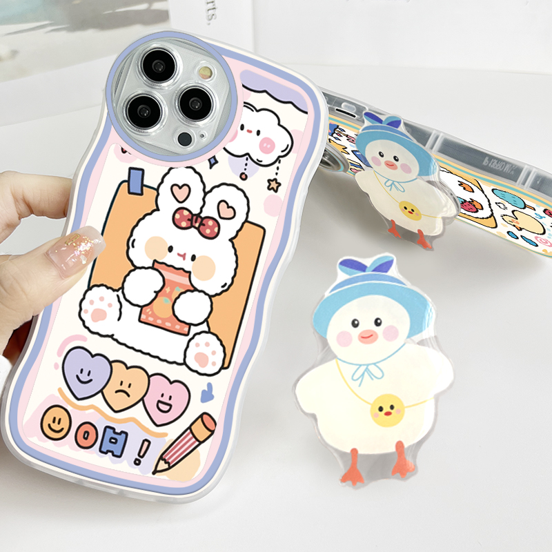 (With Free Holder) Jizetin Phone Casing For Xiaomi Redmi Note 10 Note 10S Note 10 Pro Note 10 5G Note 9 Note 8 Fashion Soft Wavy Case Cute Pig Duck Bear Rabbit Cartoon Shockproof Cellphone Casing Full Cover Camera Protection