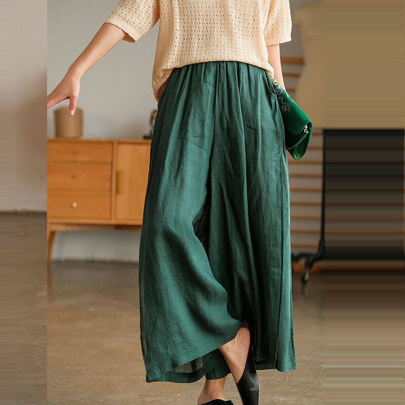WhiteTime Candy color elastic waist high split pants Xiaoxiangfeng really wears good-looking five stars high-quality casual linen wide-leg pants women's nine points 301P0036