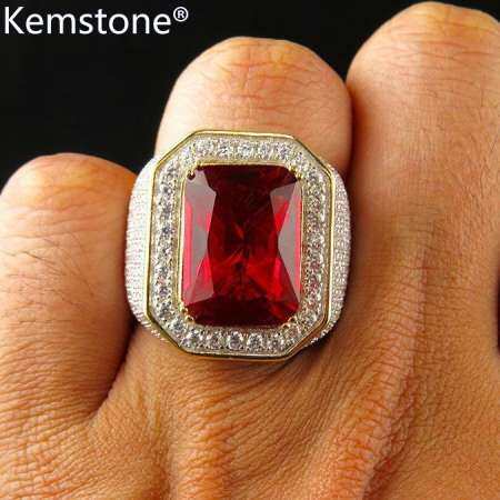 Kemstone แฟชั่นชุบทองแหวนนิ้วมือแหวนคริสตัลสีแดงสำหรับผู้ชาย