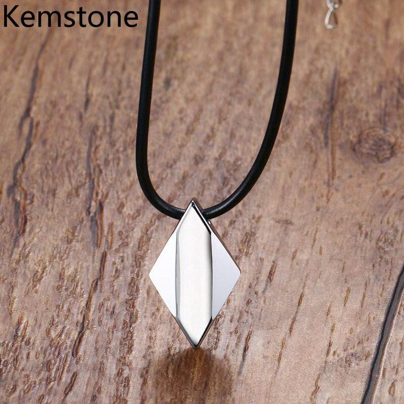 Kemstone Hot Sale Tungsten Steel Rhombus High Polished Black Leather Pendant Necklace for Men