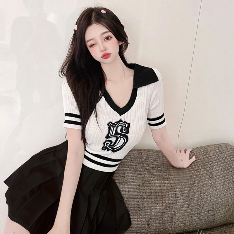 YSDdecor Knitted Beaded Korean Short Sleeves Lapel And V-neck Design ...