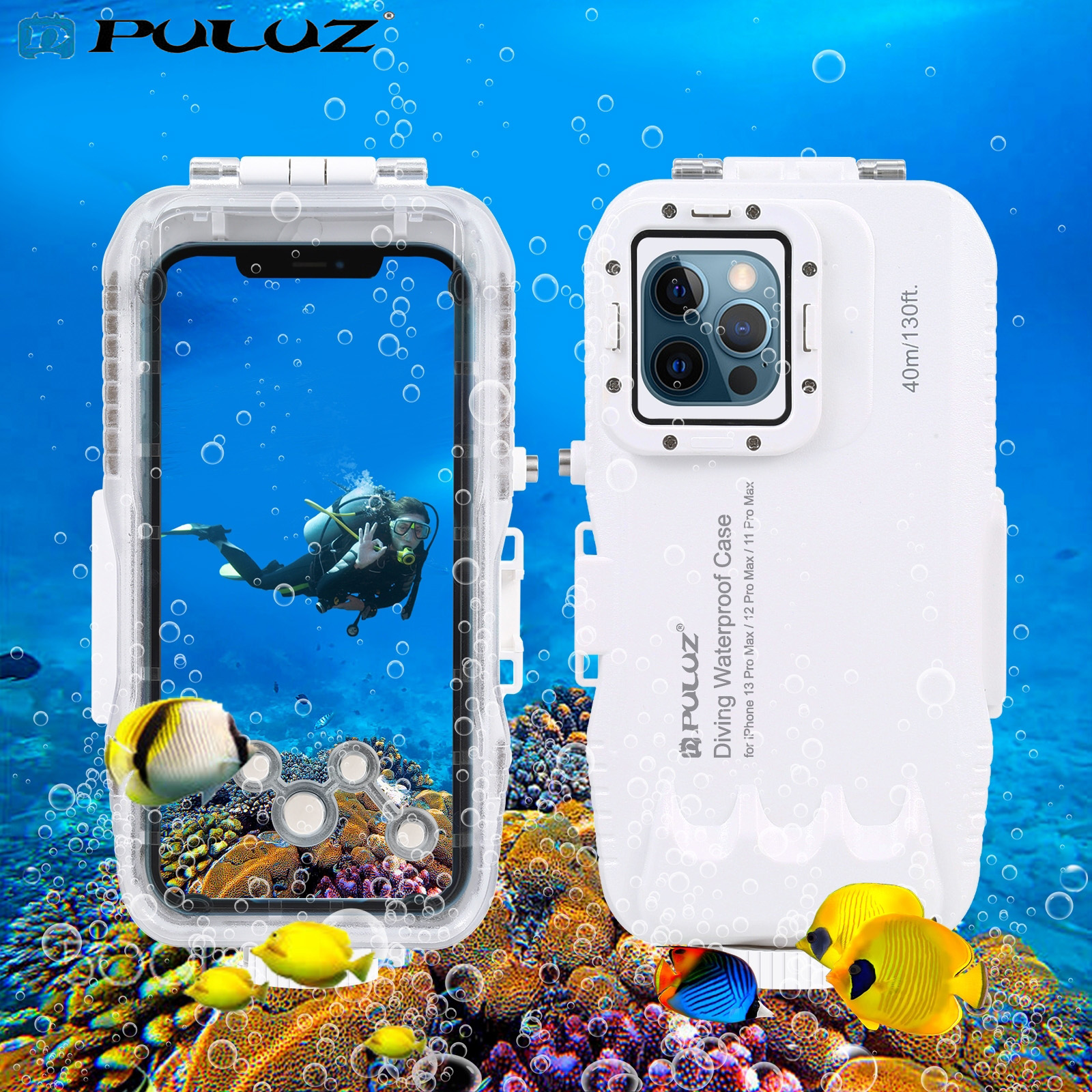 Puluz 40m/130ft waterproof diving case for iphone 15 pro max/15 plus/14 pro max/14 pro/14 plus/13 pro max /13 pro/13 mini/12 pro max/12 pro/11 pro max /11 pro/11/android , photo video taking underwater housing cover