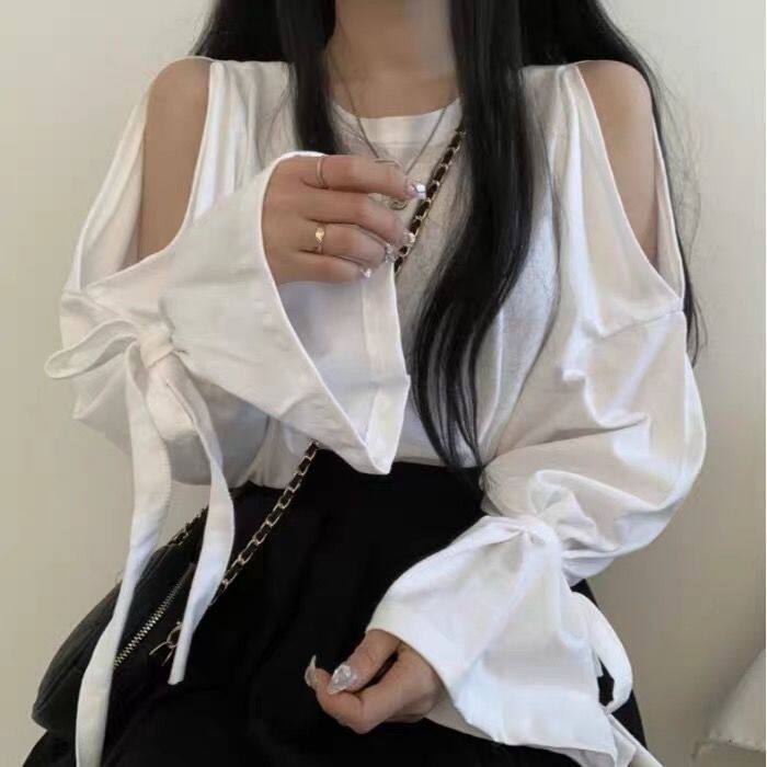 Strapless Long-sleeved T-shirt Women's Round Neck Loose Top