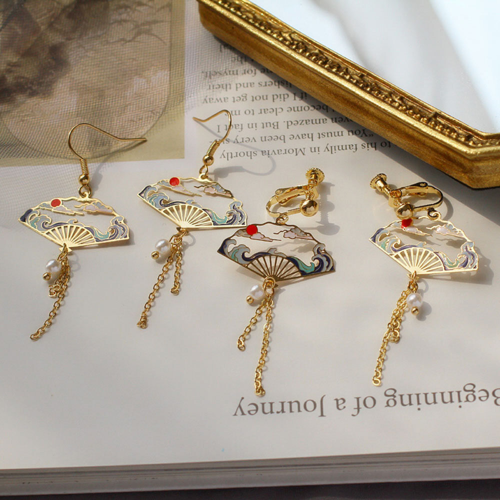 Leaf Cloud Chain Lotus Tassel Pendant Ear Hoop Hollow Fan Long Drop Earrings Chinese Elements