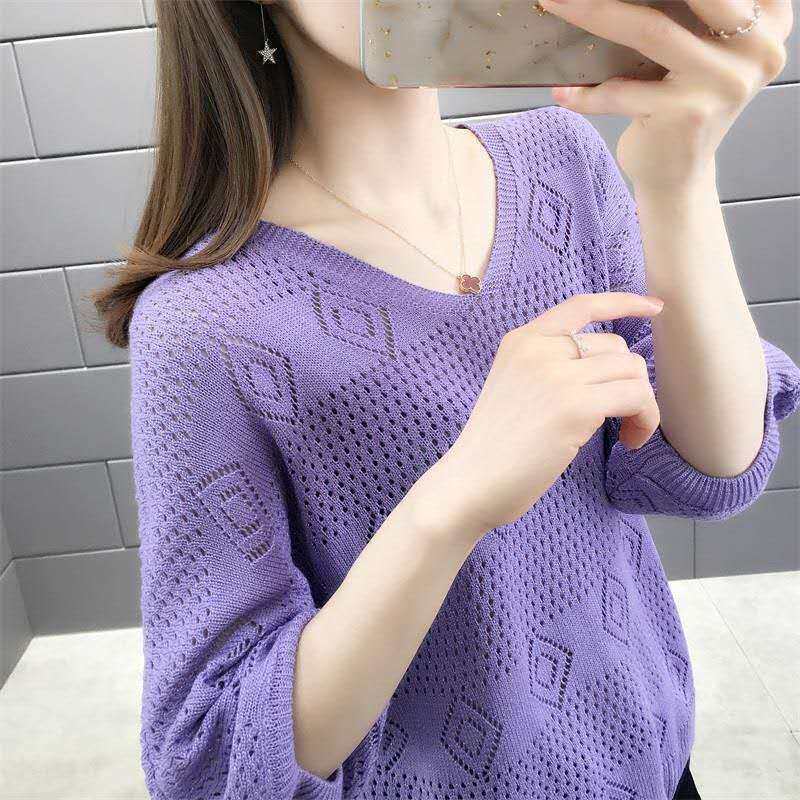 2021 Spring and Summer New V-neck Hollow Knit Sweater Women Loose Korean Version of The Bat Shirt Jacket Women's Short Thin