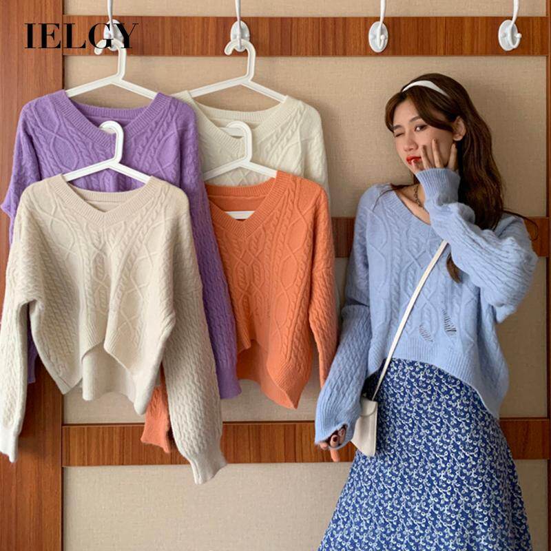 IELGY Loose White Sweater Short Pullover Knitted Outer wear Top Women's clothes V-neck