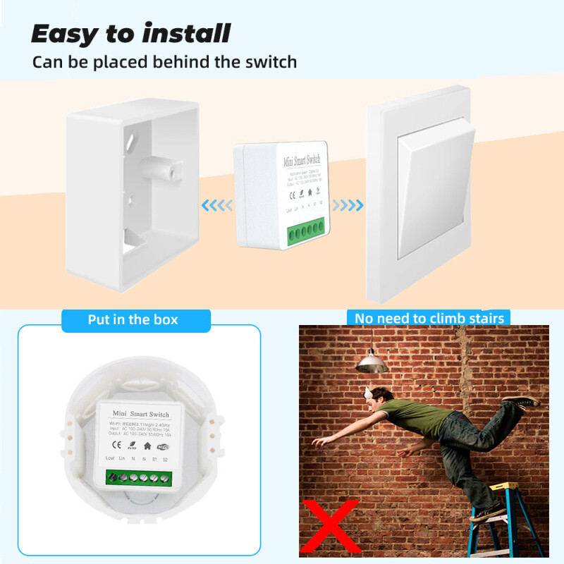 【Same Day Shipping】16A MINI Wifi Bluetooth Smart Switch Supporte 2-way Control Timer Wireless Switches Smart Home Automation Compatible With Tuya AlexaGoogle Home,Bluetooth WiFi Dual Mode, No Switch (direct Wire) + Single Control Switch + Double Control S