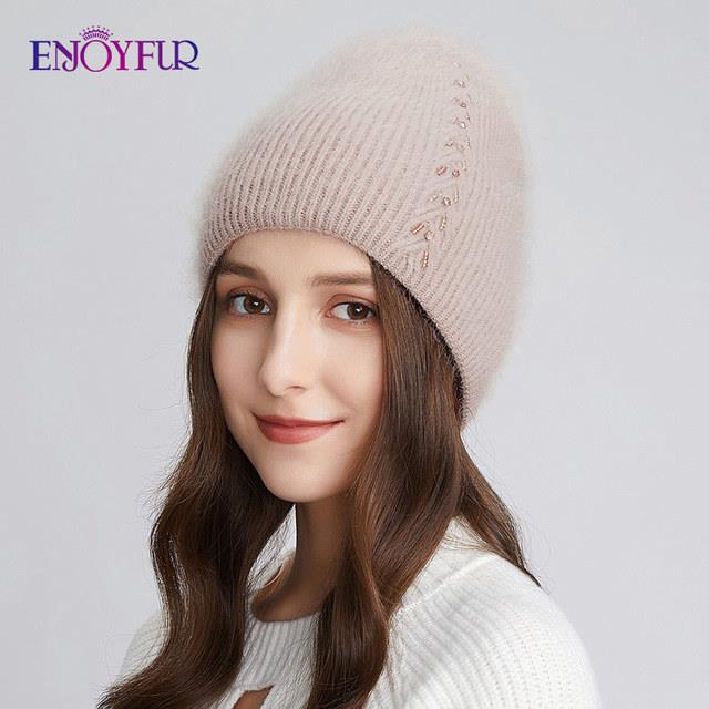 ENJOYFUR WarmWomen Hats Soft Angora Wool Knit Beanie Hat ThickLined RussiaBrand CasualBeanies