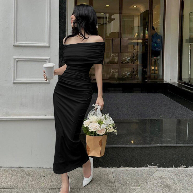 Đầm ôm sát maxi nữ xẻ xếp ly hở vai thanh lịch