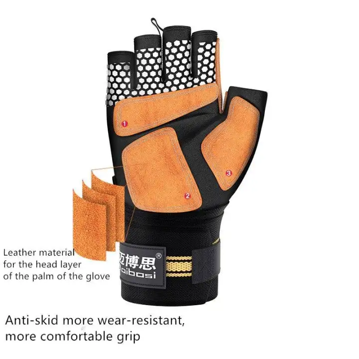 Hot 1 Piar Non Slip Weight Lifting Gloves Leather Gym Wrist Wrap