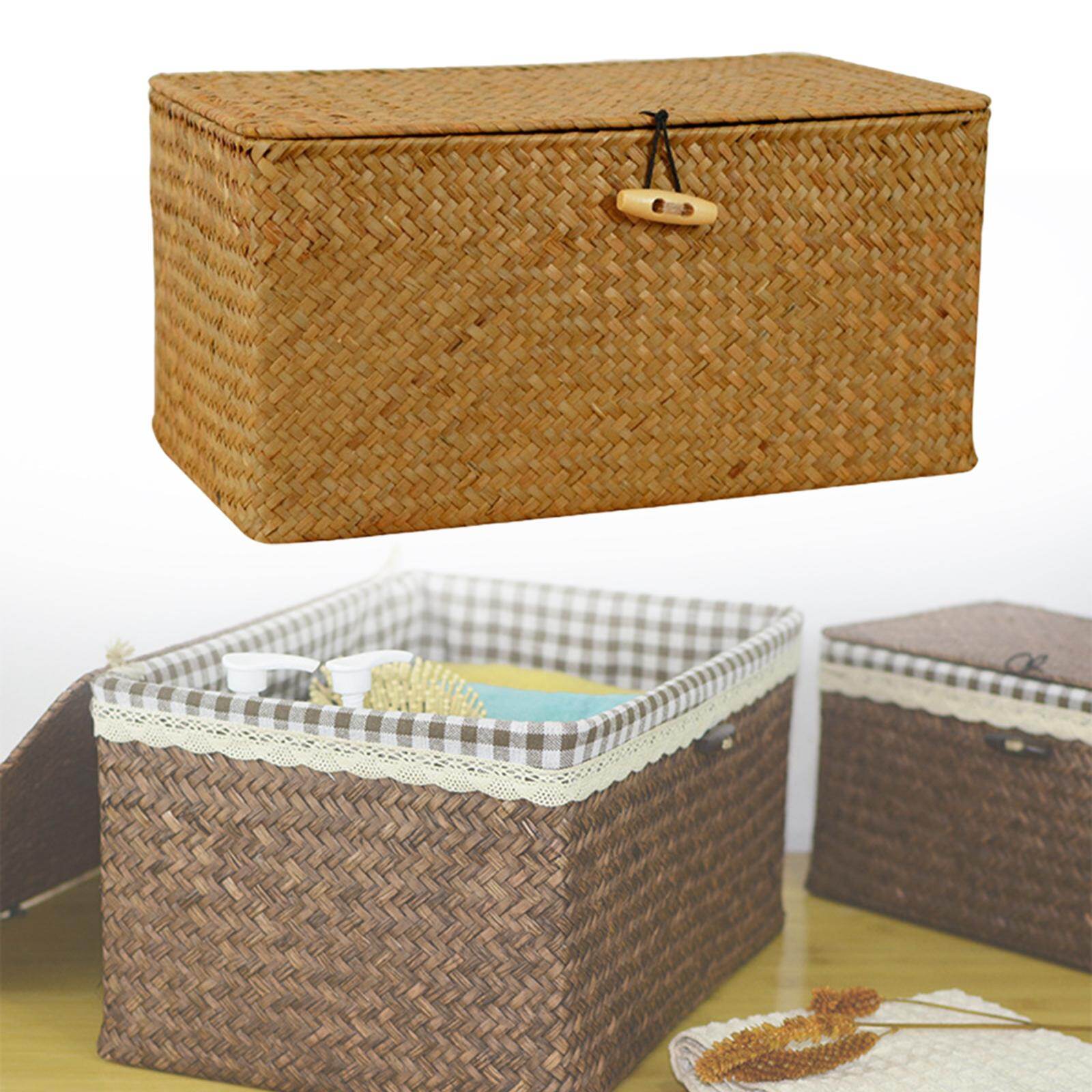 Baoblaze Wicker Baskets with Lids, Nautral Seagrass Storage Baskets, Woven Rectangular Basket Bins, Rattan Storage Organizer for Shelf