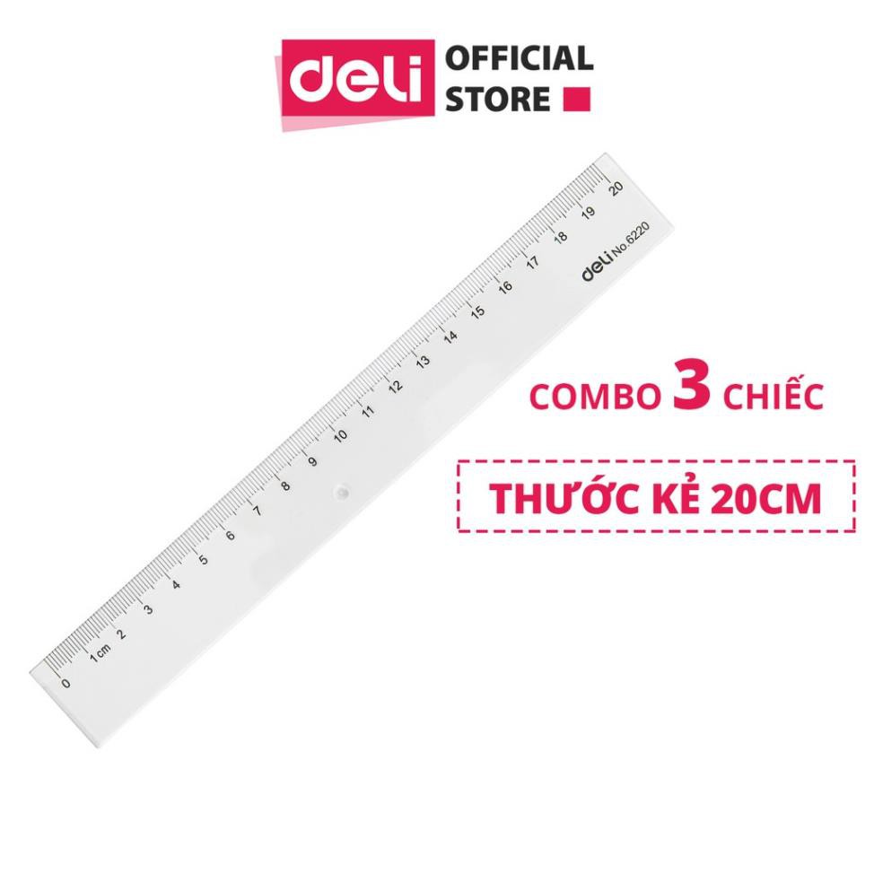 Thước kẻ nhựa học sinh 20cm deli, trong suốt - combo 3 chiếc - e6220