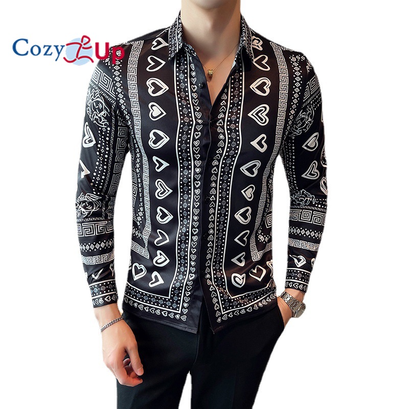 Cozy Up Long Sleeve Men Shirt Slim British Style Love Batik Polyester Lapel