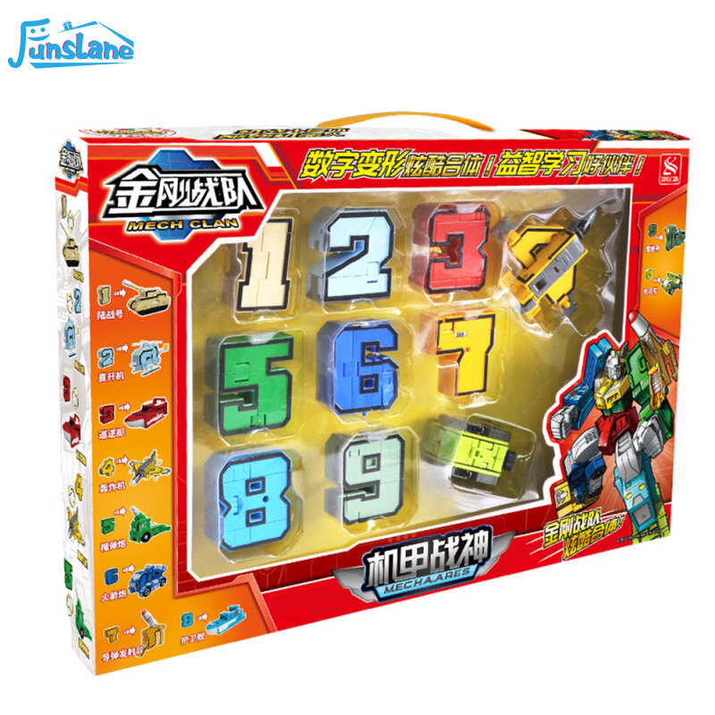 FunsLane 10 ชิ้น 0-9 หุ่นยนต์ปริศนา Creative Assembling Building Block Puzzle ดิจิตอลตุ๊กตาแปลงสภาพหุ่นยนต์เปลี่ยนเครื่องบินรถเด็กของขวัญของเล่นเพื่อการศึกษา Building Block Assembling Action ของเล่นรุ่น