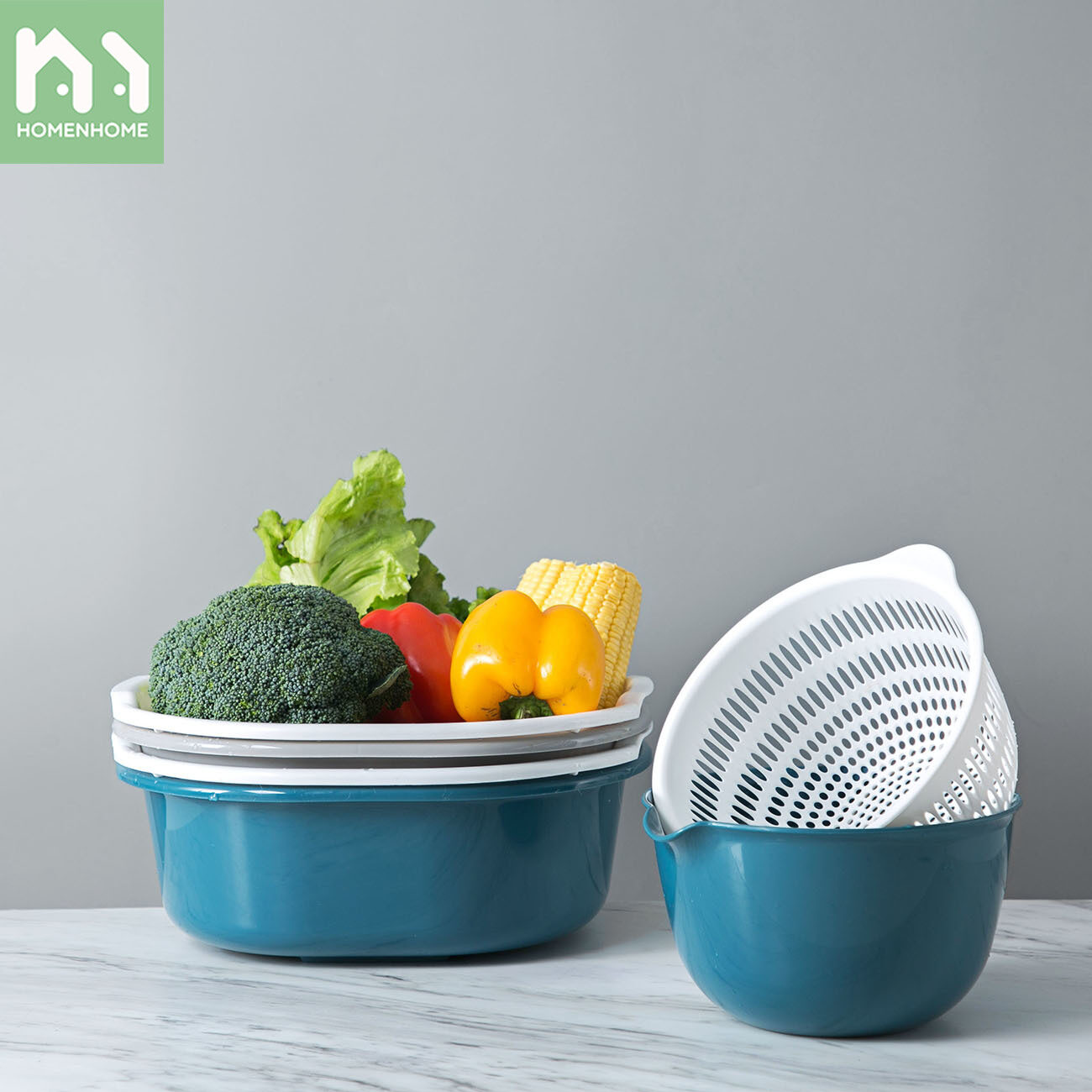 Homenhome Double Hollow Draining Vegetable Basket Drain Basket Household Vegetable Storage Basket Kitchen Fruit Sink