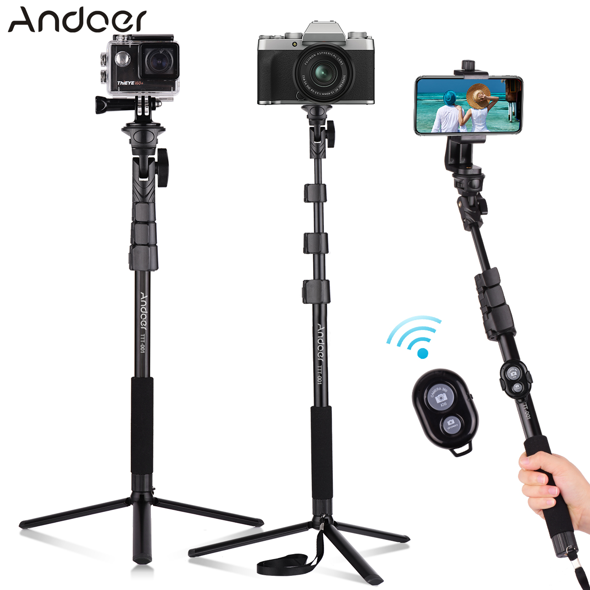 Andoer 54-inch Extendable Selfie Stick Tripod Stand Aluminum Alloy with Detachable Desktop Tripod Phone Holder Sports Camera Mount Adapter Remote Shutter Compatible with iPhone and Android Phones for Selfie Group Photo Live Video