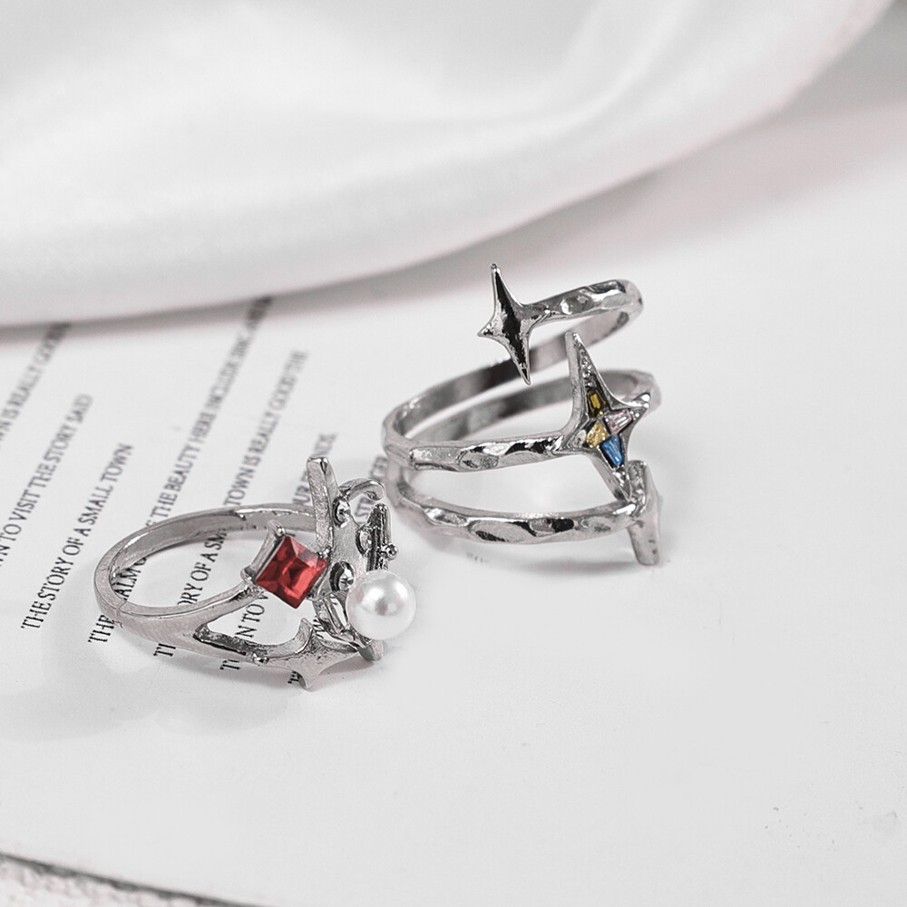 2Pcs Personalism Inlaid Zircon Cosmic Star Finger Open Ring Luxury Cool Simple Shining Diamond Women