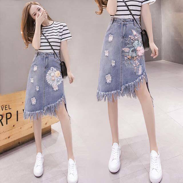 2023 spring and summer new Korean version of high -waisted denim skirt embroidered mid -long skirt, long skirt, piercing irregular skirt