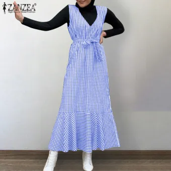blue plaid overall dress