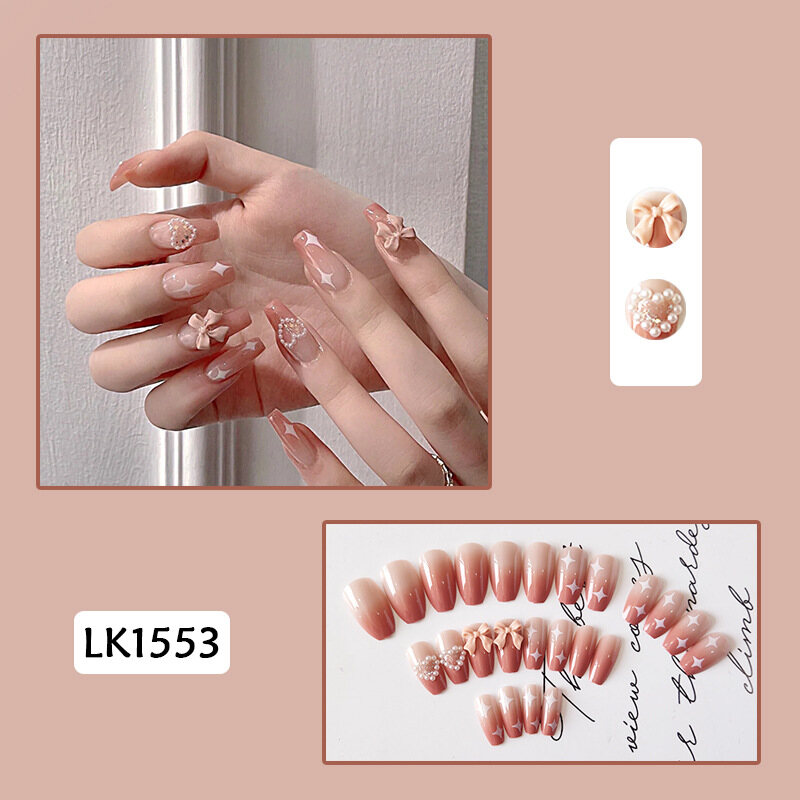 24pcs Love Heart Print Nail Patch with Bow Pearl Glue Type Removable Long Paragraph Fashion Manicure Fake Nail Patch