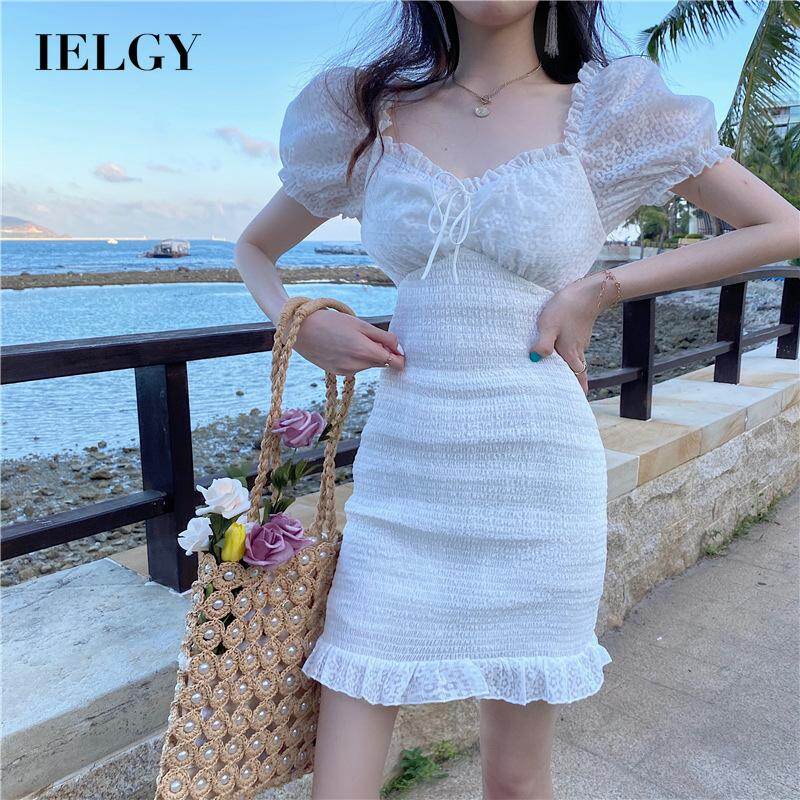 IELGY Korean version Stylish Women's dress Waist Tie V-neck Short White Photo Hips