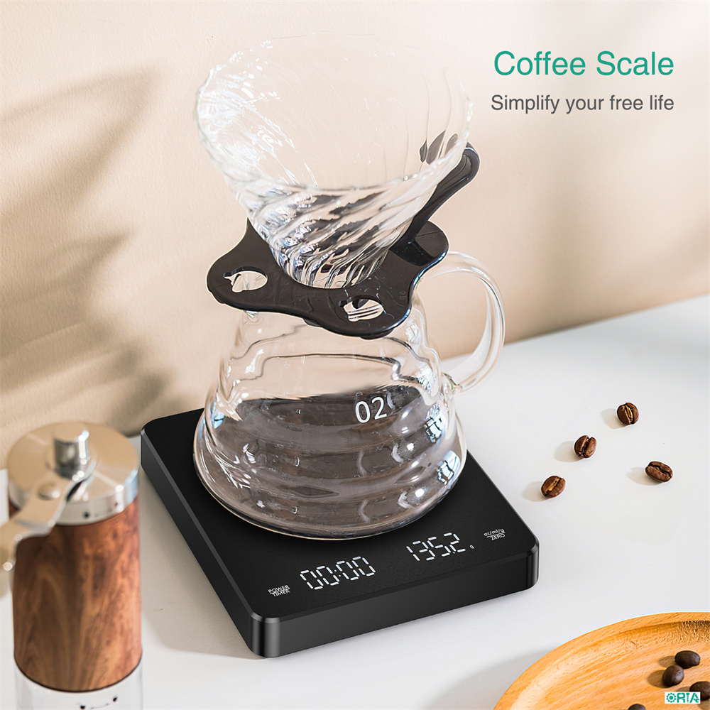 ORIA Digital Coffee Scale, Rechargeable Coffee Scale with Timer, 3kg/0.1g Drip Espresso Scale with Touch Sensor Operation and Invisible Screen, Measures in Grams, Ounces, and Milliliter Black