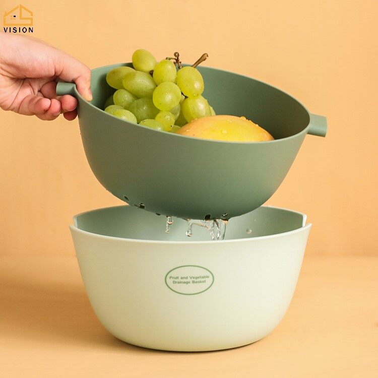 Vision Hai Lớp Đa Chức Năng Xả Rổ Nhựa Lưu Vực Để Rửa Tấm Lọc Đường Xả Rau Trái Cây Mì Rổ Đựng Đồ Giặt Đựng Đồ Bếp Gia Đình Giá Lọc Nhà Bếp