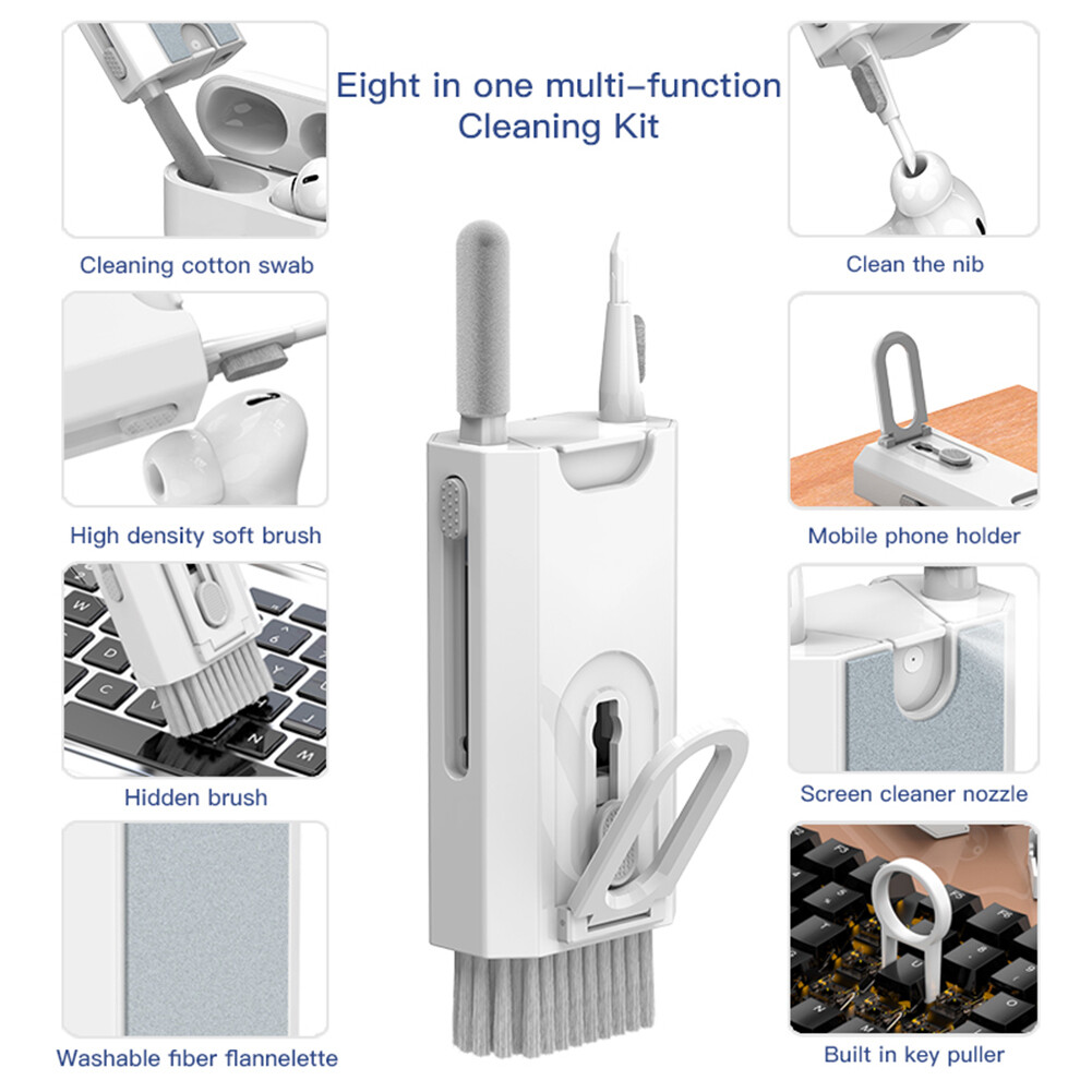8 in 1 Dust Removal Brush With Mobile Phone Holder Computer Keyboard Cleaner Built-in Key Puller Keyboard Cleaner Brush Kit Portable for Airpods Pro 2