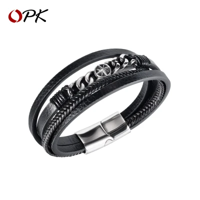 OPK Bracelet Men Original Korean Version Titanium Steel Bracelet New Fashion Retro Woven Leather Bracelet