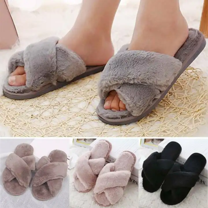 open toe fluffy slippers