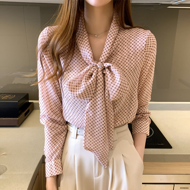 AFEG new Korean style fashion all-match temperament polka dot chiffon long-sleeved blouse for women