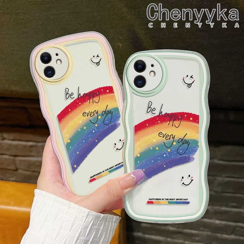 chenyyka Casing For iPhone 14 Pro Max 14 PLUS 13 Pro Max 13 Mini Case Cartoon Rainbow Smile Pattern Wave Border Soft Clear Shockproof Phone Cases Creative Camera Transparent Casing Silica Gel Protective Cover