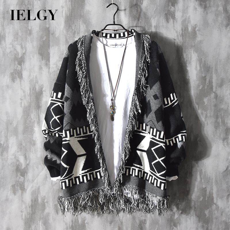 IELGY Men's clothes Black Loose Sweaters Raw edges Retro Jackets Long sleeves Cardigans Sweaters