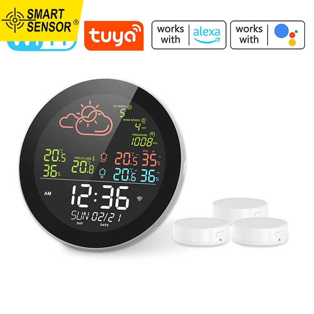 Smart Sensor Tuya Wifi Multifunctional Home/Office Weather Station Color Digital Display Clock Outdoor and Indoor Temperature Tester Hygrometer Weather Forecast Table Clock Compatible with Smart Life
