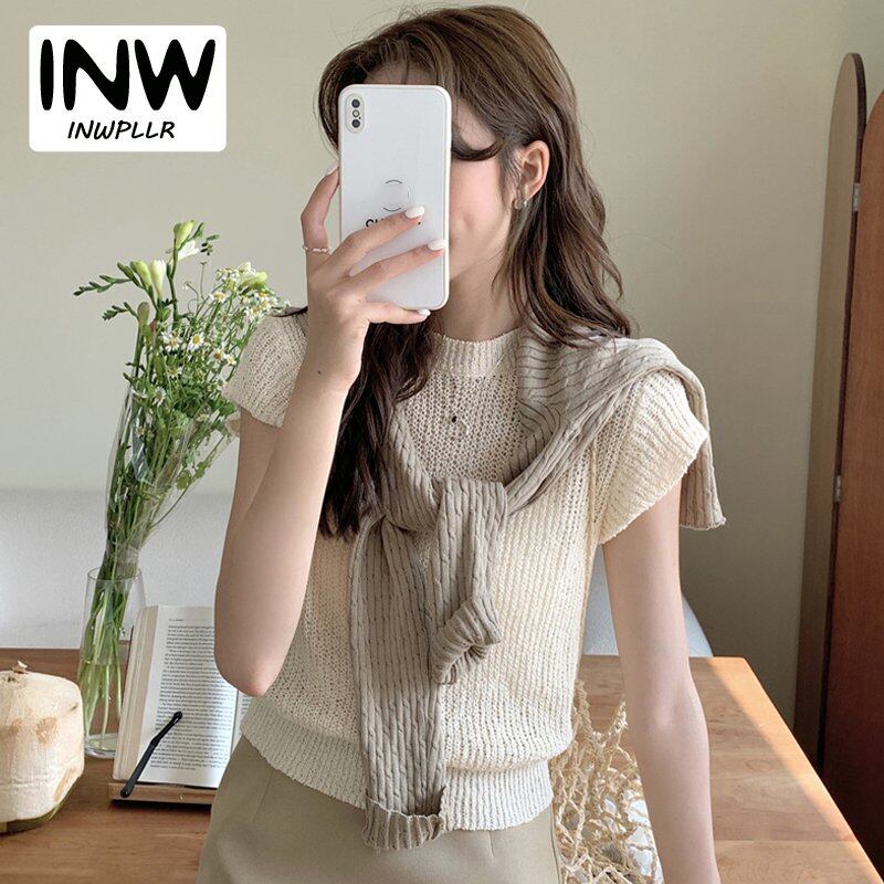 INWPLLR Spring Trendy Knitted Blouse Women Korean Version Round Neck Slim Shirt Foreign Style Solid Color Short Sleeve Top Lady