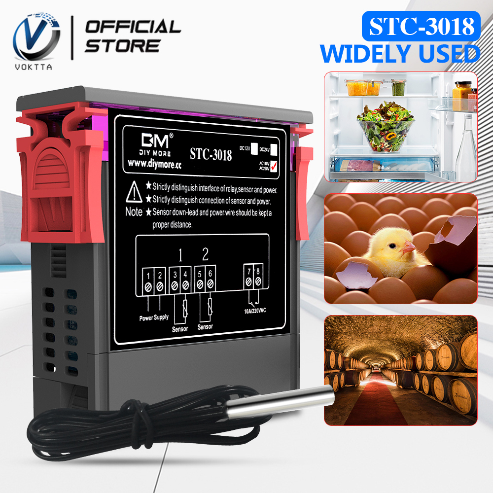 VOKTTA Bộ Điều Khiển Nhiệt Độ Chính Xác Cao STC-3018 Bộ Điều Nhiệt Màn Hình Kỹ Thuật Số Cảm Biến NTC AC110V-220V Phạm Vi Kiểm Soát Nhiệt Độ-55 ℃ ~ + 120 ℃ Đầu Ra Rơ Le