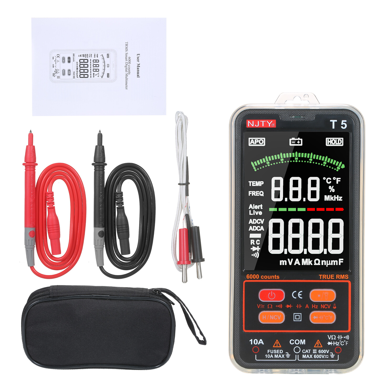 NJTY Đồng Hồ Vạn Năng RMS Thật Đếm T5 6000 Máy Kiểm Tra Thông Dụng Kỹ Thuật Số Máy Kiểm Tra Đa Năng Màn Hình LCD Lớn 3.8 Inch Vôn Kế 600V Ampe Kế 10A Vôn Kế Điện Áp AC/DC & Điện Trở Dòng Điện Thiết Bị Đo Điốt Nhiệt Độ Điện Dung Máy Đo NCV Với đèn Pin Kép