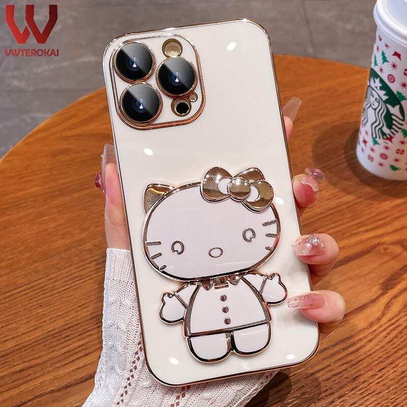 Hello Kitty 3D Cute Doll Makeup Mirror Phone Case For Apple Iphone 6/6S 6 Plus/6S Plus/ 7/8 7Plus/8Plus/X/XS XR XS Max Iphone 11 Pro Max Iphone 12 Mini 12 Pro Max 13 Pro Max 14 Pro Max 14 Plus Plated Soft TPU Bracket Back Cover