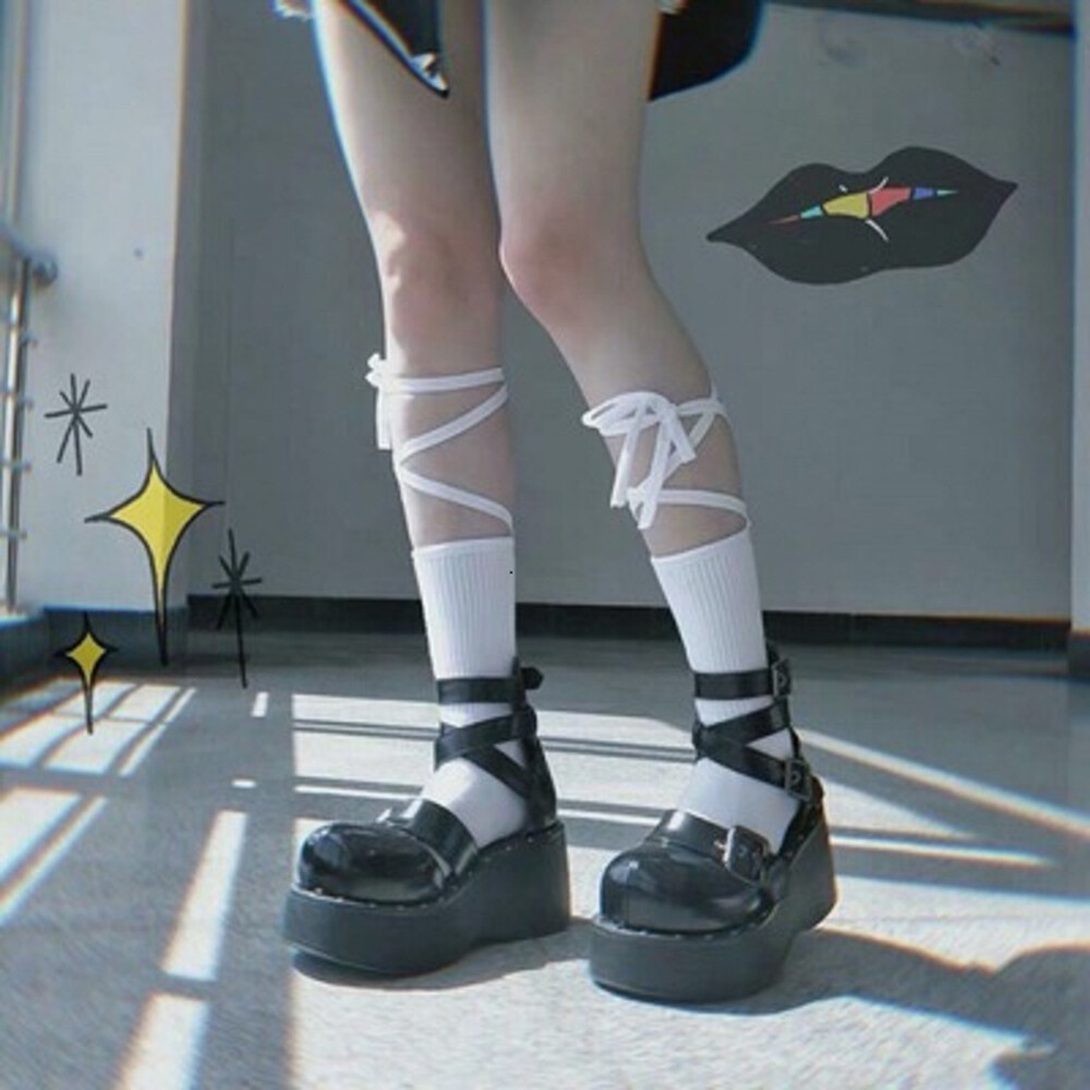 SANHE Lace Socks Women's Cross Black Calf Socks Long Tube Jk Lace Up Knee Loli Socks