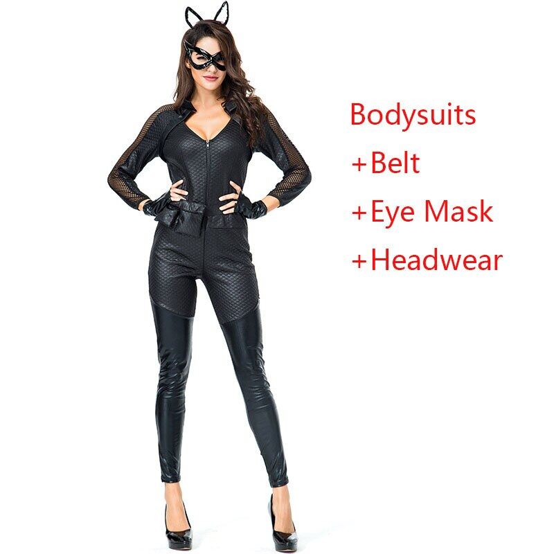 Halloween Mèo Cosplay Trang Phục Phụ Nữ Bodysuits Dành Cho Người Lớn Sexy Đen Da Tổng Hợp Catsuit Roi Cô...
