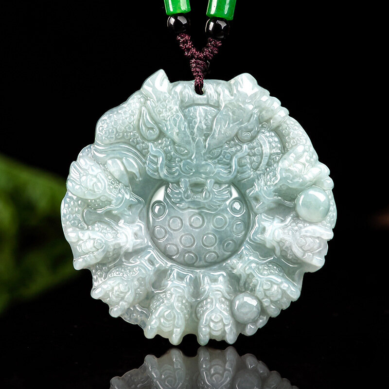 TIMESWIND with Certificate New Natural Jade Ice Light Green Zodiac Dragon Men Necklace Y1N