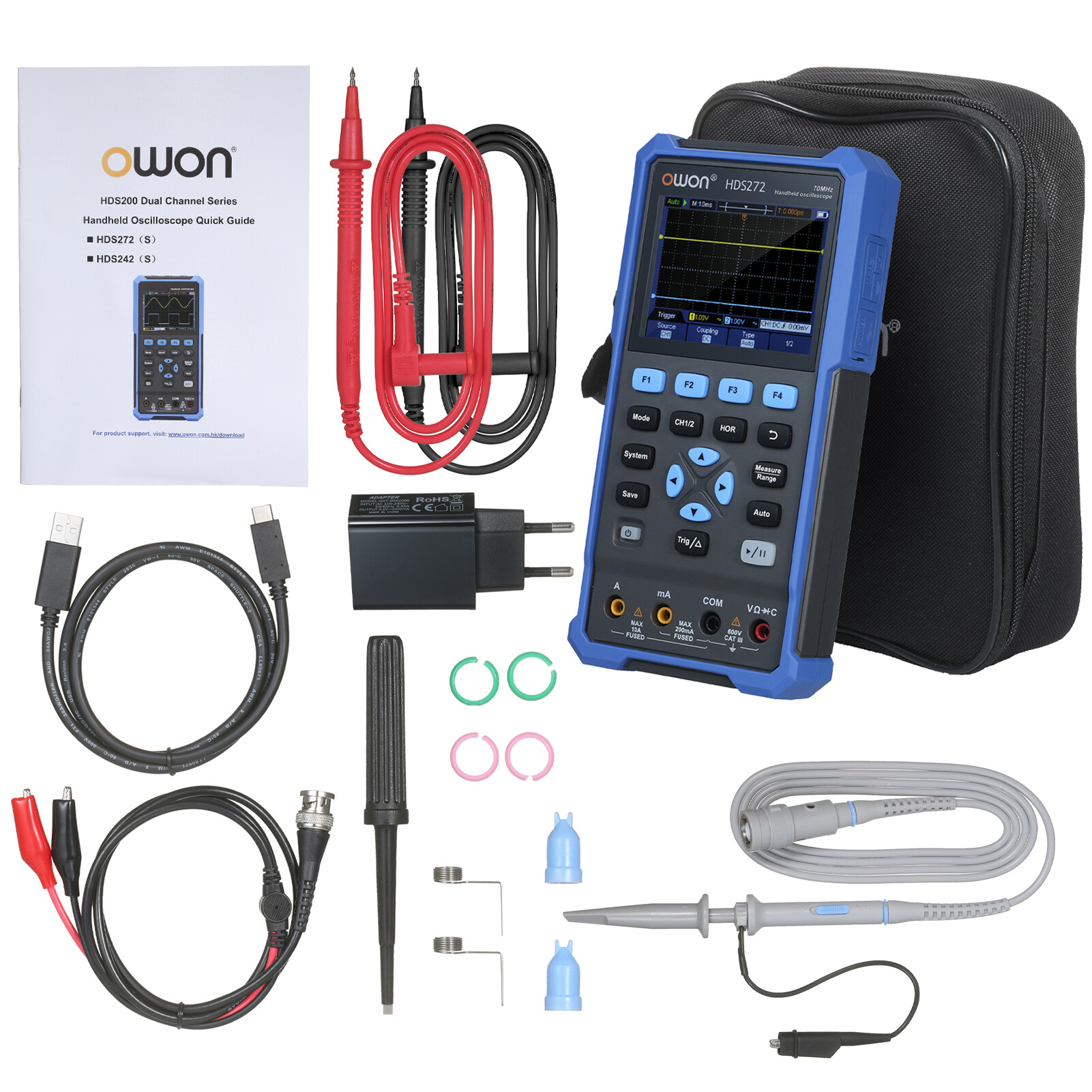 Smart Sensor OWON 2-in-1 Handheld Oscilloscope Multimeter 2 Channels Lab Oscilloscope Digital True-RMS Multimeter with 70 MHz Bandwidth 250MSa/s Sample Rate 3.5-Inch Color LCD Display for Car Audio Automotive Electronics