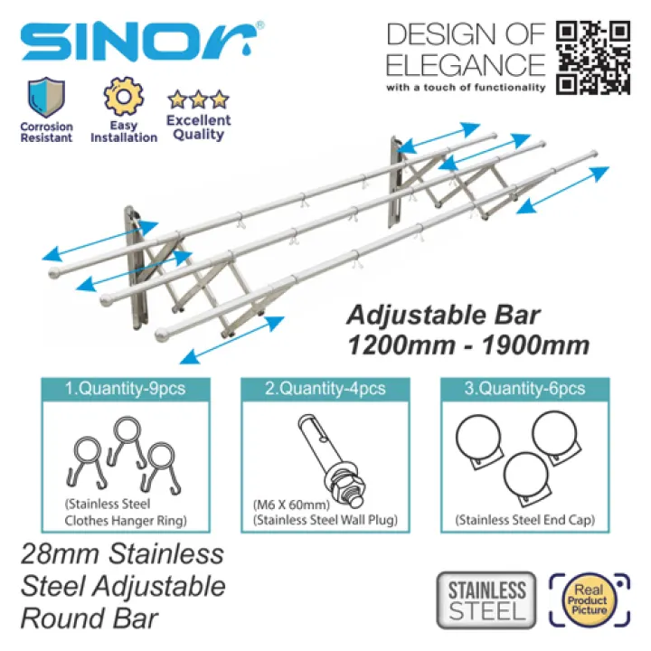 Sinor Bf 6201 3bar Stainless Steel Retractable Clothes Hanger Wall Mounted Drying Rack Clothes Drying Rack Lazada