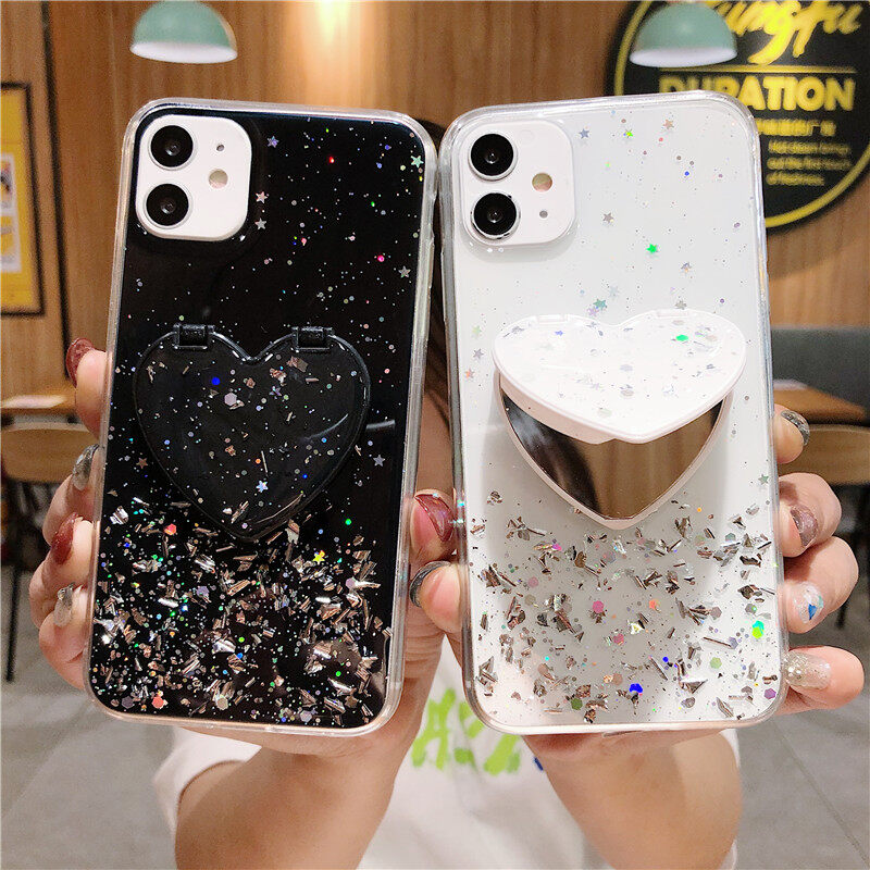 Ốp Viền Bảo Vệ LIFEBELLE Cho Nữ, Ốp Gương Trang Điểm Có Chân Đứng Lấp Lánh Ánh Kim Tuyến Hình Trái Tim, Mềm Dẻo, TPU, Chống Va Đập, Dành Cho Realme 6i 6 6 Pro 5i 5S 5 Pro C11 C3 X3 cover Quay Lại