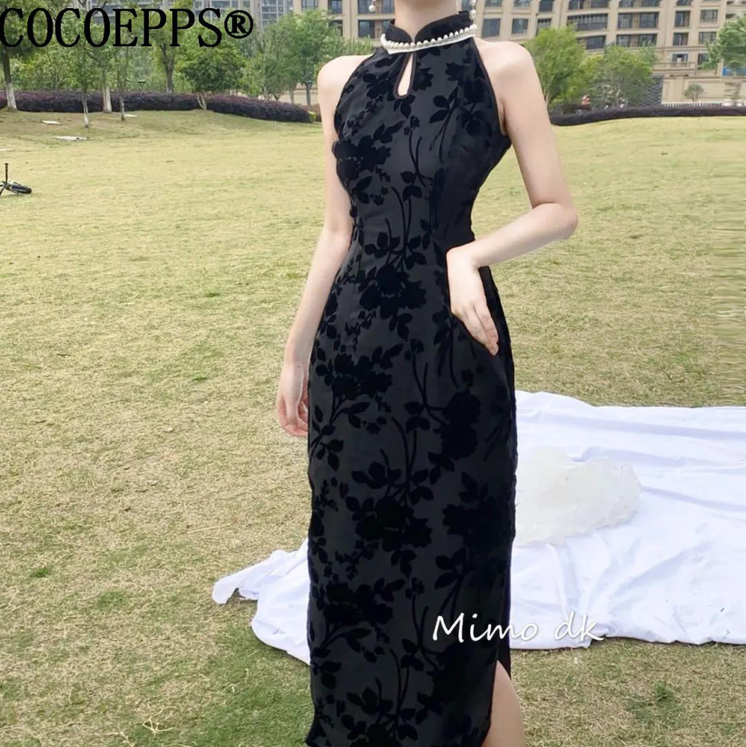 COCOEPPS Cheongsam for Women 2023 New Black Pearl Collar Elegant Sleeveless Slim Fit Mid Length Modified Cheongsam Slim Dress
