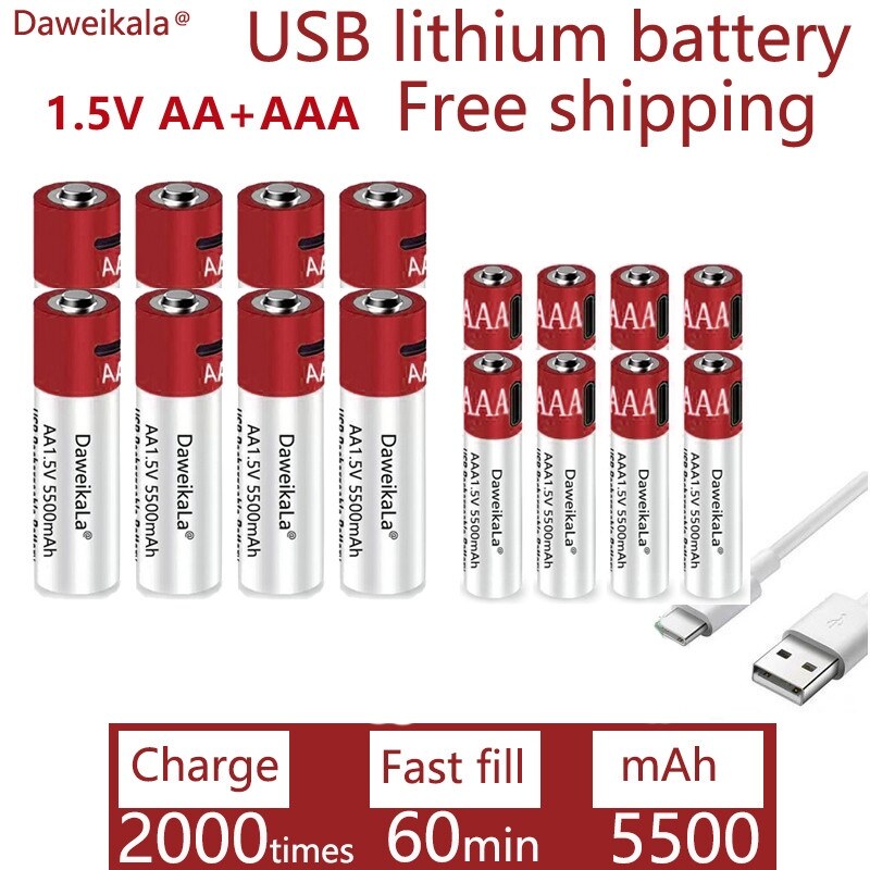 AA AAA 2021 Sức Chứa Lớn Mới 5500Mah Sạc Lại Được Pin Lithium Ion AA 1.5V USB Sạc Nhanh Pin...
