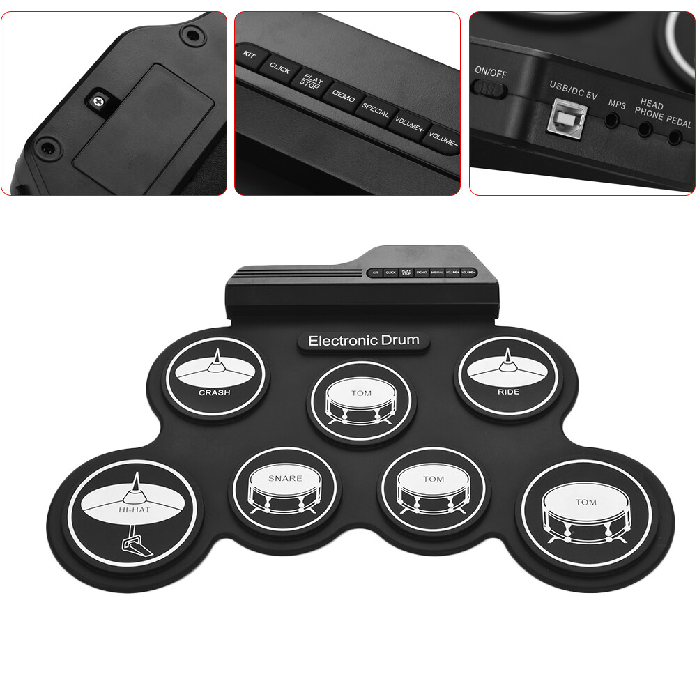 Bộ Trống Silicon Cuộn Lên USB Kích Thước Nhỏ Gọn Bộ Trống Điện Tử Kỹ Thuật Số 7 Miếng Trống Với Dùi Trống Bàn Đạp Chân Cho Người Mới Bắt Đầu Trẻ Em