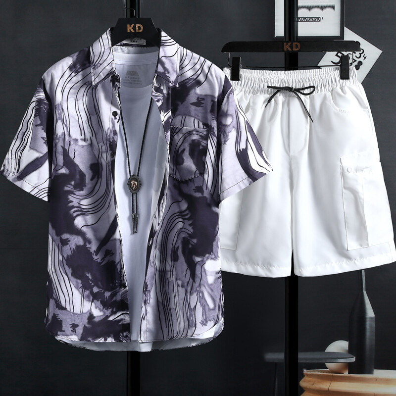 Men's short-sleeved shirt suits, new large size loose style tops and drawstring shorts, INS hot fashion trend casual men's and women's suit shorts.