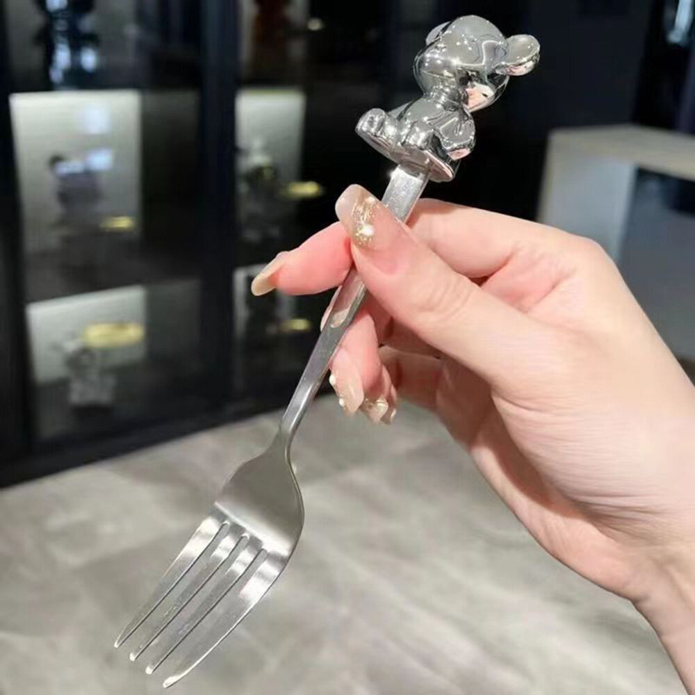 Cartoon Bear Fork Spoon Set Stainless Steel Fruit Fork Watermelon Spoon Tableware