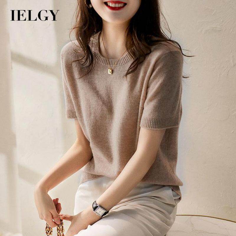 IELGY plus size round neck loose short-sleeved t-shirt women's pullover solid color knit bottoming